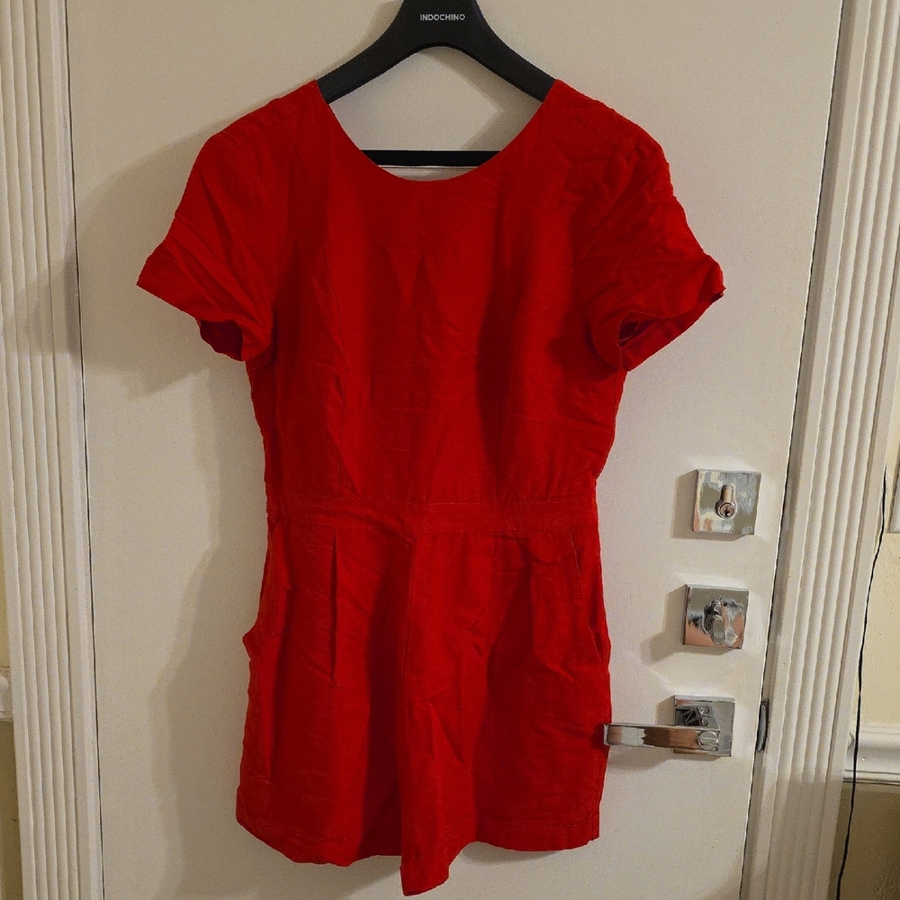 Banana Republic Red Linen Short Sleeve Romper Jumpsuit